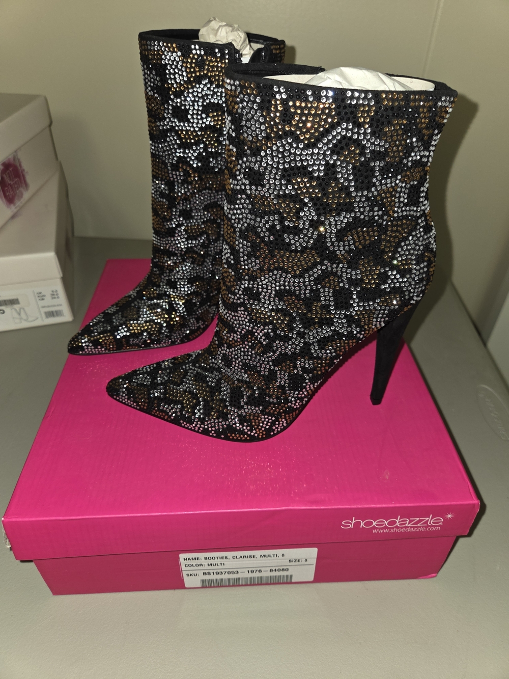 Shoe Dazzle Multicolor Crystal Embellished Pointed Toe Ankle Boots